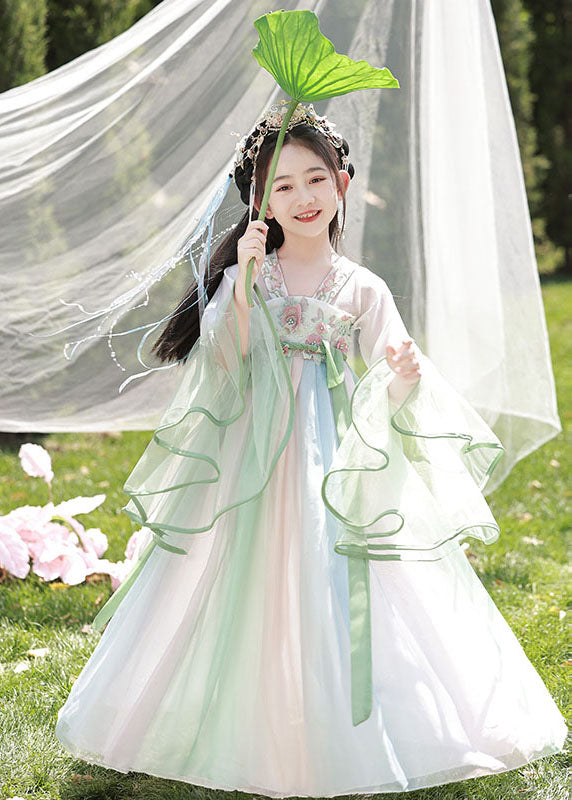 Spring Dresses Chiffon Cute Long Embroideried Kids Light Green FashionChic