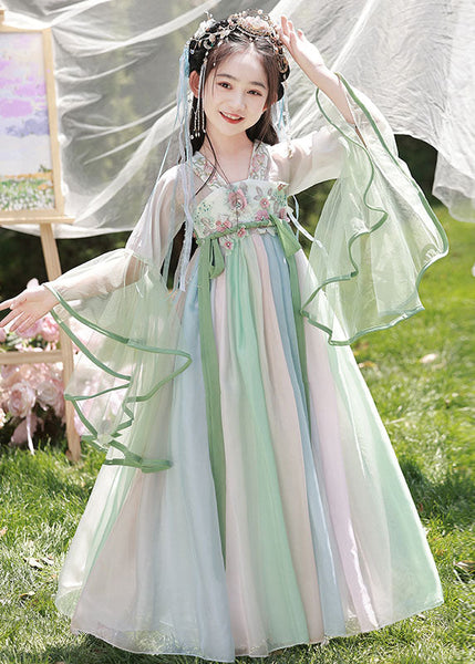 Spring Dresses Chiffon Cute Long Embroideried Kids Light Green FashionChic