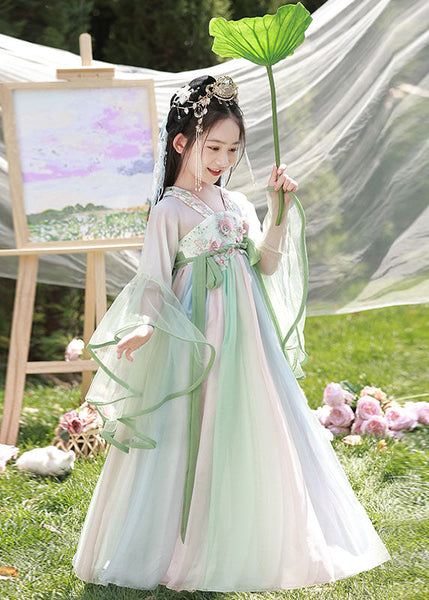 Spring Dresses Chiffon Cute Long Embroideried Kids Light Green FashionChic