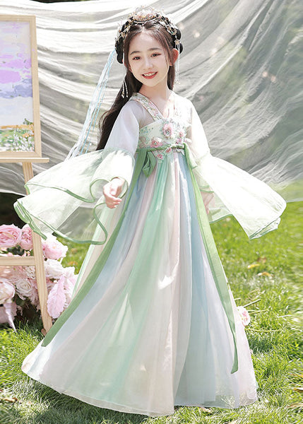 Spring Dresses Chiffon Cute Long Embroideried Kids Light Green FashionChic