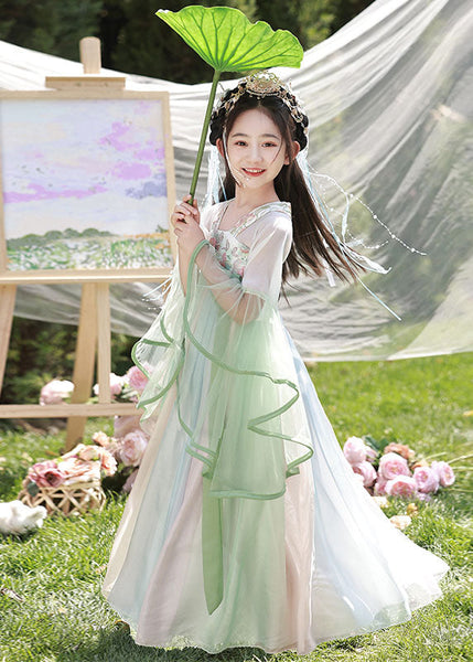 Spring Dresses Chiffon Cute Long Embroideried Kids Light Green FashionChic