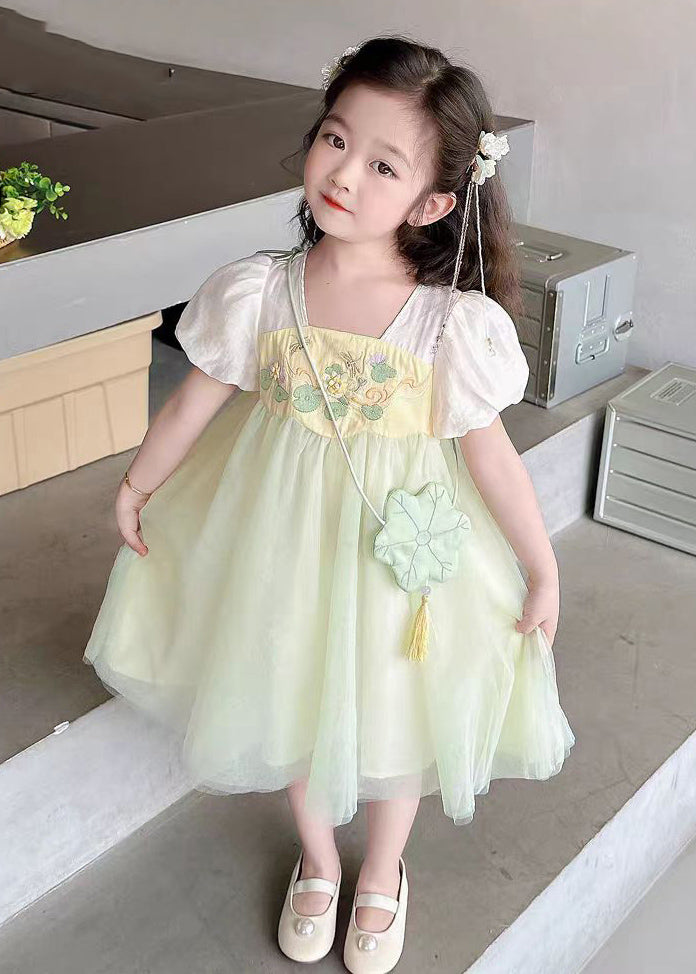 Cute Light Green Square Collar Patchwork Tulle Kids Long Dresses Short Sleeve MN008 MM-RCTZ-SDL240701