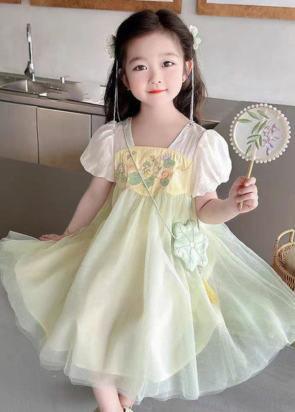 Cute Light Green Square Collar Patchwork Tulle Kids Long Dresses Short Sleeve MN008 MM-RCTZ-SDL240701