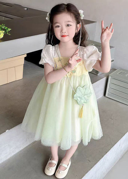 Cute Light Green Square Collar Patchwork Tulle Kids Long Dresses Short Sleeve MN008 MM-RCTZ-SDL240701