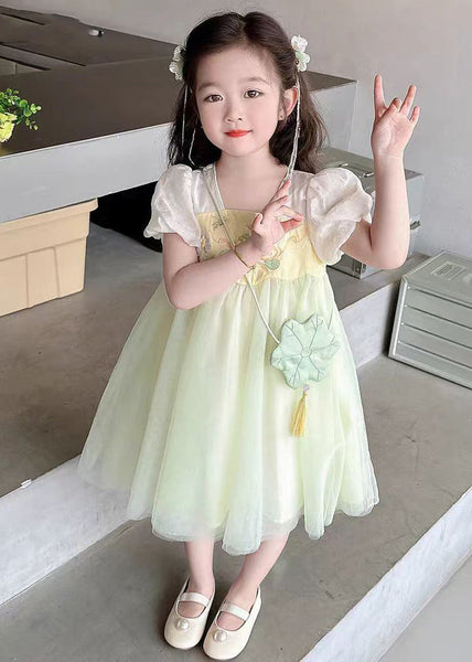 Cute Light Green Square Collar Patchwork Tulle Kids Long Dresses Short Sleeve MN008 MM-RCTZ-SDL240701