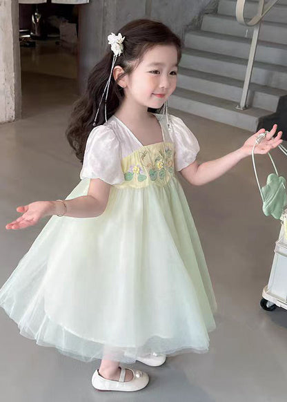 Cute Light Green Square Collar Patchwork Tulle Kids Long Dresses Short Sleeve MN008 MM-RCTZ-SDL240701