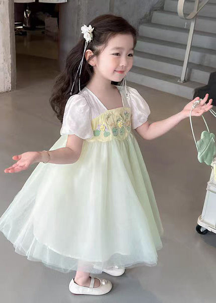 Cute Light Green Square Collar Patchwork Tulle Kids Long Dresses Short Sleeve MN008 MM-RCTZ-SDL240701
