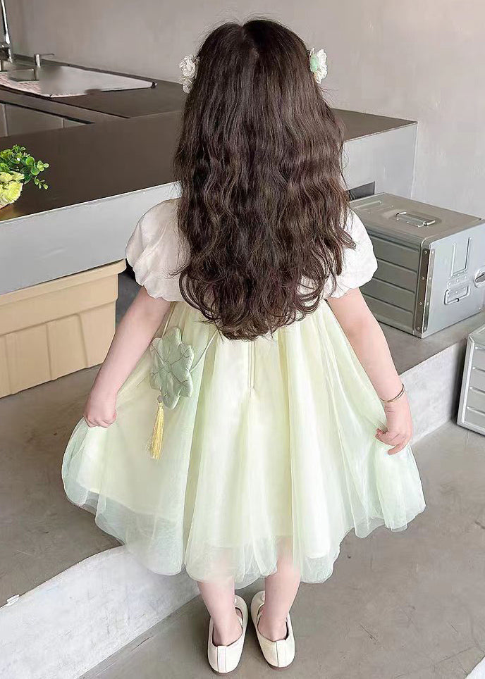 Cute Light Green Square Collar Patchwork Tulle Kids Long Dresses Short Sleeve MN008 MM-RCTZ-SDL240701