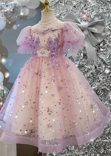Cute Light Purple Nail Bead Star Tulle Girls Holiday Long Dress Summer YE007 ABC