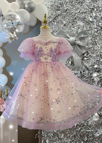 Cute Light Purple Nail Bead Star Tulle Girls Holiday Long Dress Summer YE007 ABC