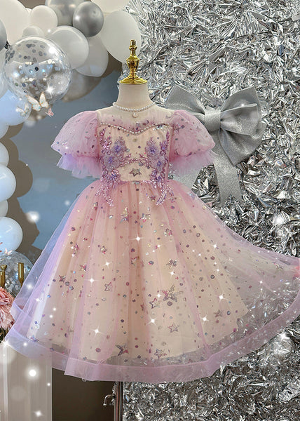 Cute Light Purple Nail Bead Star Tulle Girls Holiday Long Dress Summer YE007 ABC