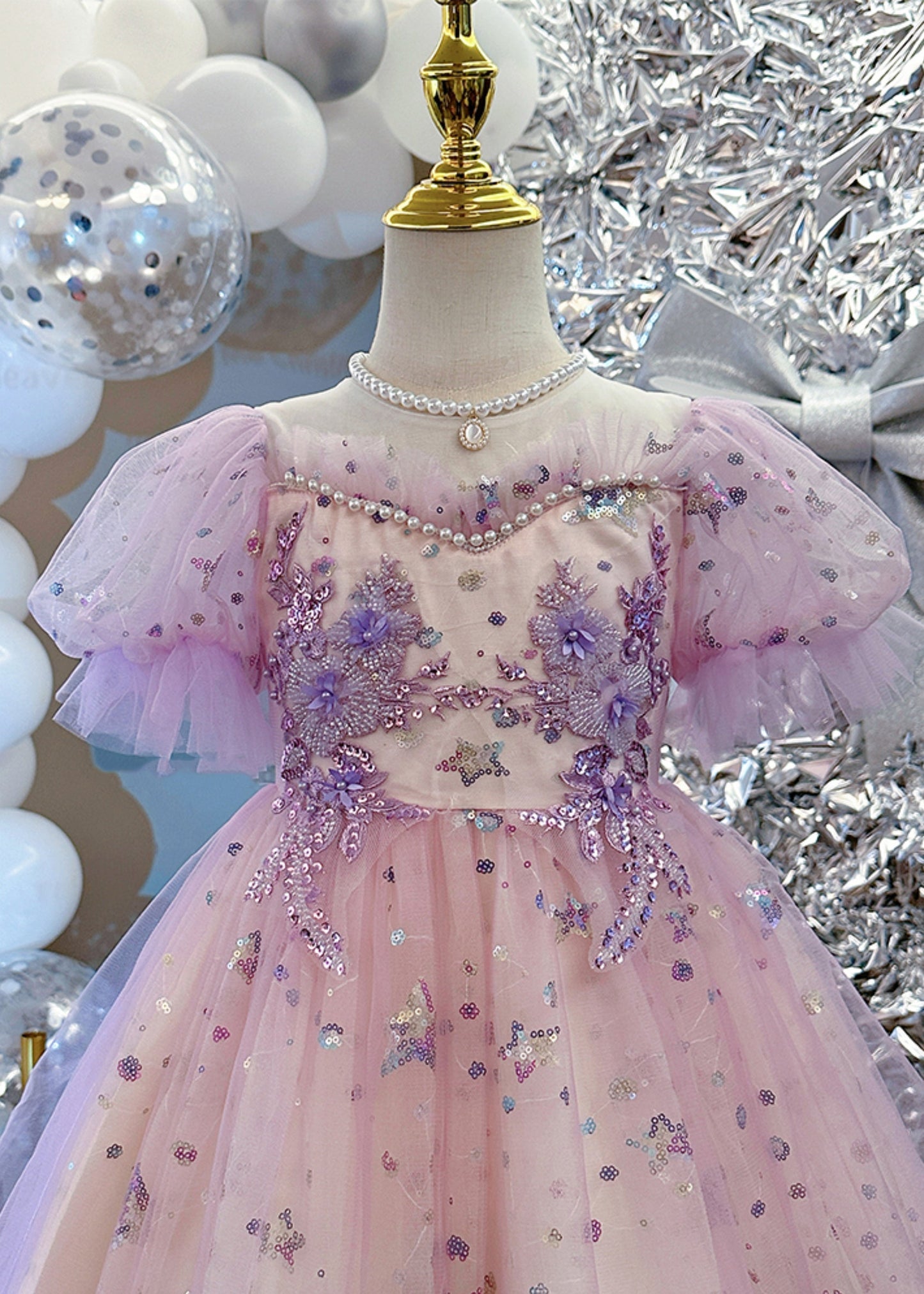 Cute Light Purple Nail Bead Star Tulle Girls Holiday Long Dress Summer YE007 ABC