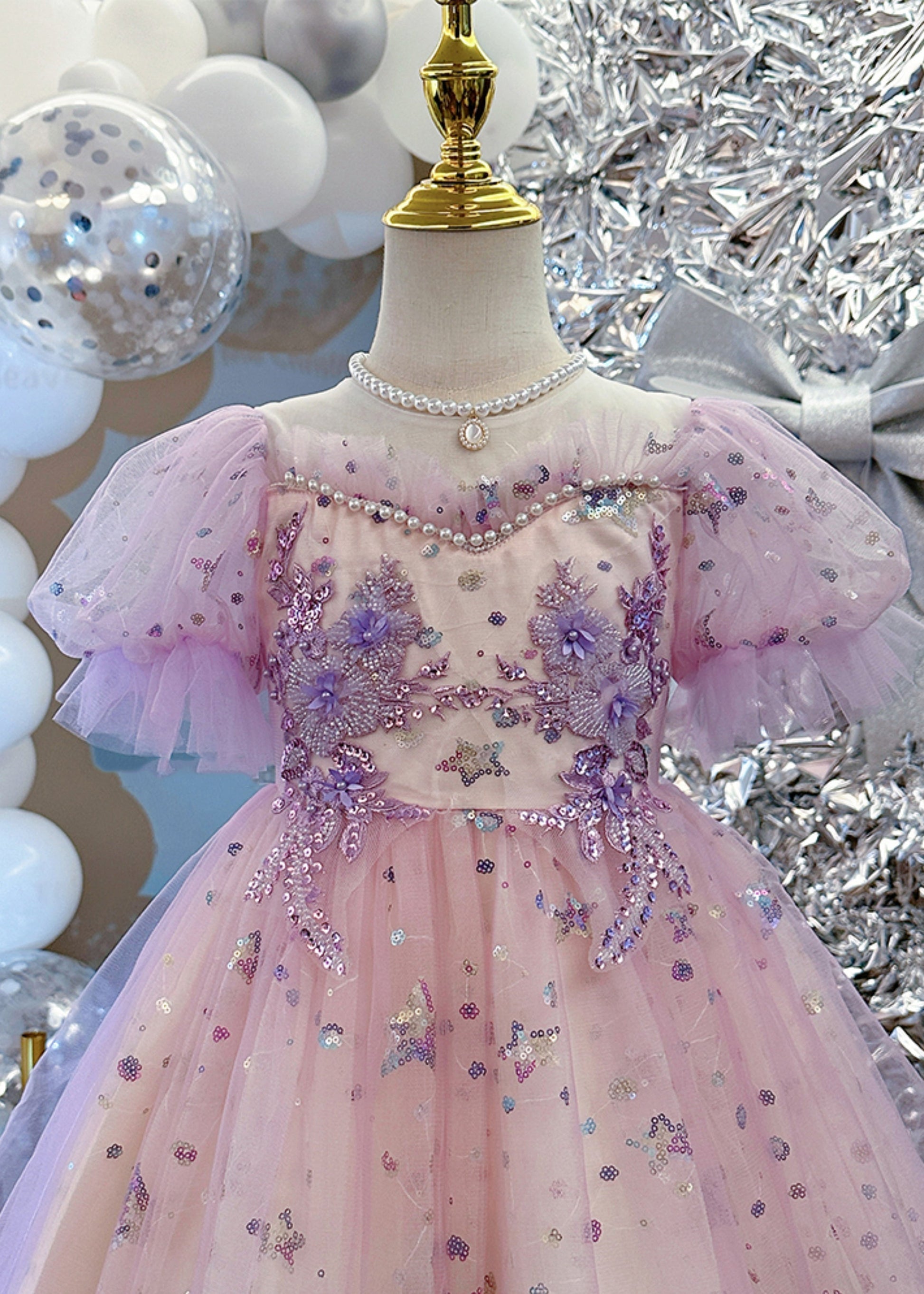 Cute Light Purple Nail Bead Star Tulle Girls Holiday Long Dress Summer YE007 ABC