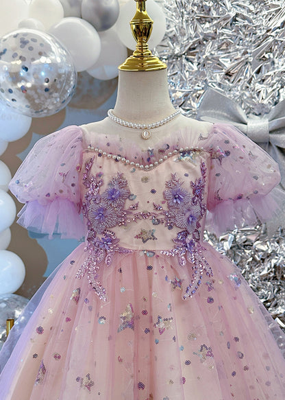 Cute Light Purple Nail Bead Star Tulle Girls Holiday Long Dress Summer YE007 ABC
