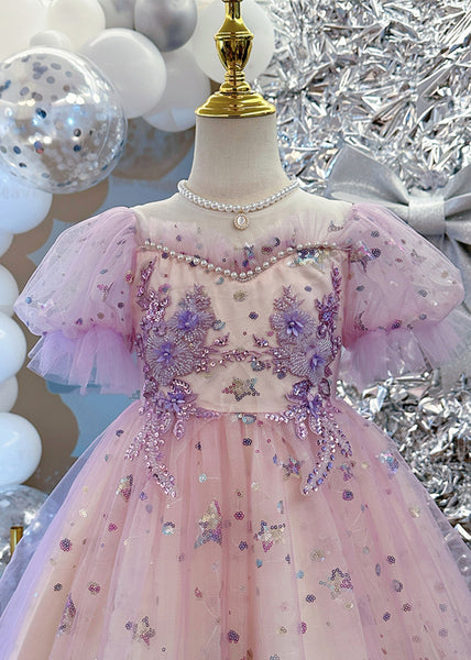 Cute Light Purple Nail Bead Star Tulle Girls Holiday Long Dress Summer YE007 ABC