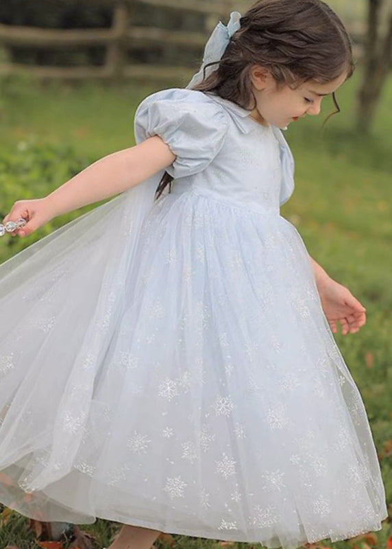 Cute Lighy Blue O-Neck Patchwork Wrinkled Tulle Kids Long Dress Summer XZ007 SDGL240618