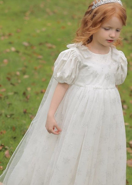 Cute Lighy Blue O-Neck Patchwork Wrinkled Tulle Kids Long Dress Summer XZ007 SDGL240618