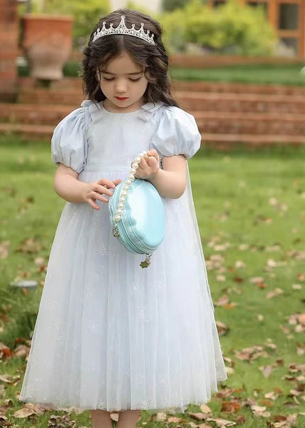 Cute Lighy Blue O-Neck Patchwork Wrinkled Tulle Kids Long Dress Summer XZ007 SDGL240618