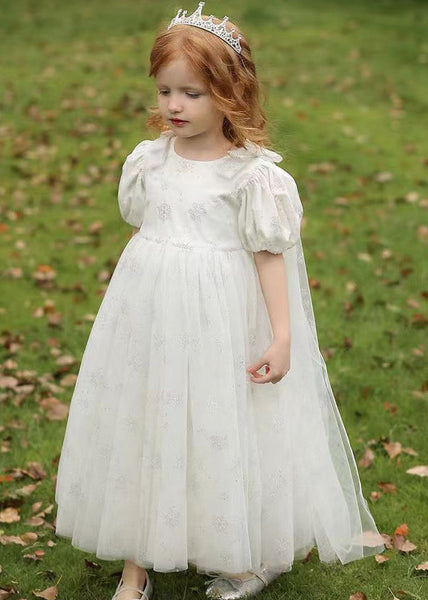 Cute Lighy Blue O-Neck Patchwork Wrinkled Tulle Kids Long Dress Summer XZ007 SDGL240618