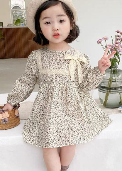 Cute O-Neck Print Lace Patchwork Bow Girls Mid Dress Long Sleeve SS1066 MM-RCTZ-FDM240601