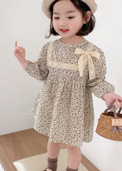 Cute O-Neck Print Lace Patchwork Bow Girls Mid Dress Long Sleeve SS1066 MM-RCTZ-FDM240601