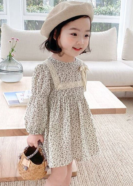 Cute O-Neck Print Lace Patchwork Bow Girls Mid Dress Long Sleeve SS1066 MM-RCTZ-FDM240601