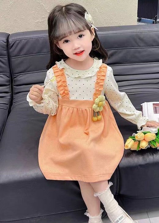 Cute Orange Ruffled False Two Pieces Cotton Girls Dress Fall XZ062 FALL-MM-RCTZ-FDGL240618