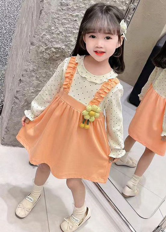 Cute Orange Ruffled False Two Pieces Cotton Girls Dress Fall XZ062 FALL-MM-RCTZ-FDGL240618