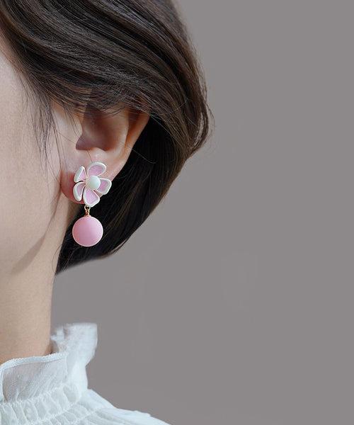 Cute Pink Alloy Floral Pearl Drop Earrings YZ009 ABC