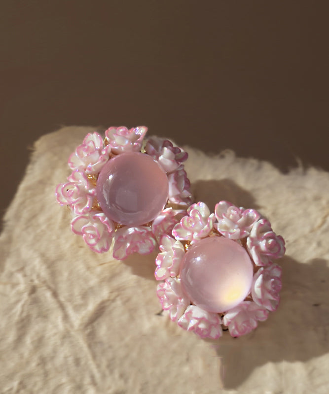 Cute Pink Alloy Inlaid Cat Eye Stone Floral Stud Earrings YZ001 ABC