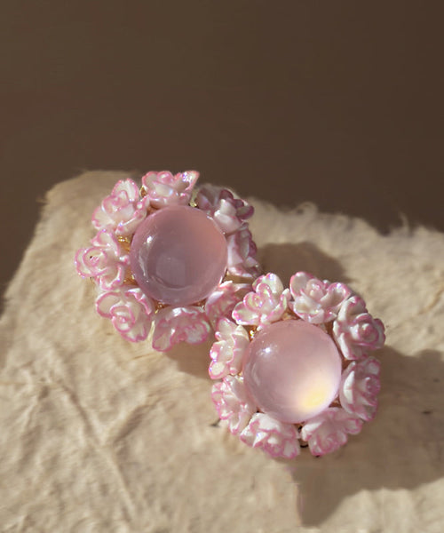 Cute Pink Alloy Inlaid Cat Eye Stone Floral Stud Earrings YZ001 ABC