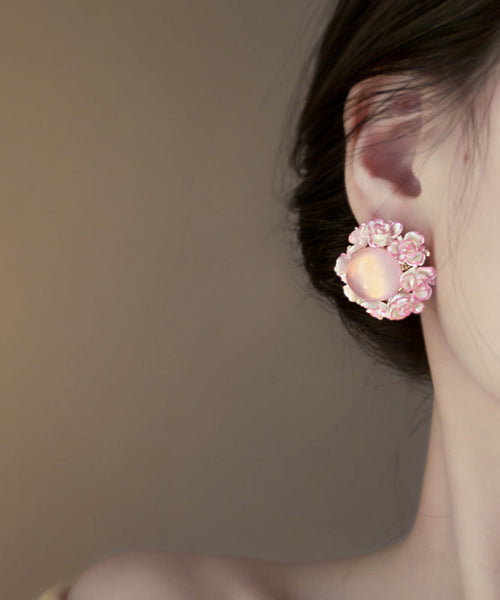Cute Pink Alloy Inlaid Cat Eye Stone Floral Stud Earrings YZ001 ABC