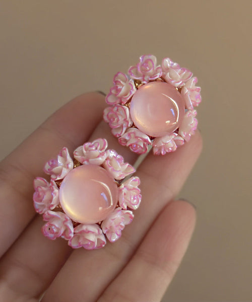 Cute Pink Alloy Inlaid Cat Eye Stone Floral Stud Earrings YZ001 ABC