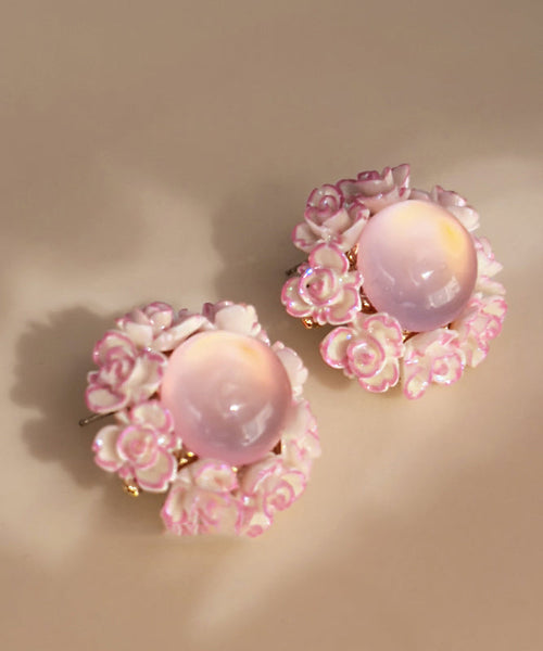 Cute Pink Alloy Inlaid Cat Eye Stone Floral Stud Earrings YZ001 ABC