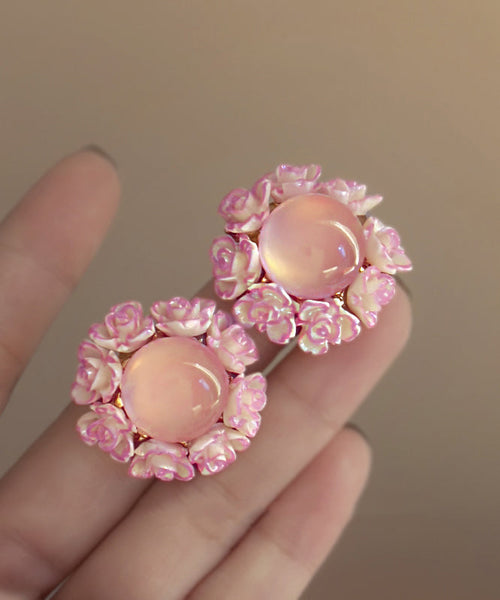 Cute Pink Alloy Inlaid Cat Eye Stone Floral Stud Earrings YZ001 ABC