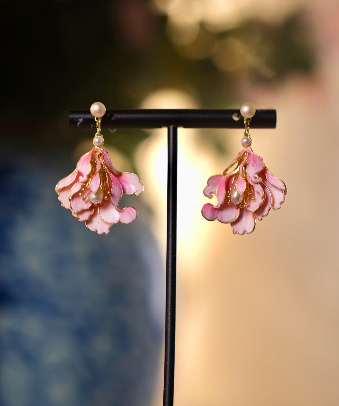 Cute Pink Alloy Pearl Enamel Jade Orchid Drop Earrings WQ007 JEW-EAR241102