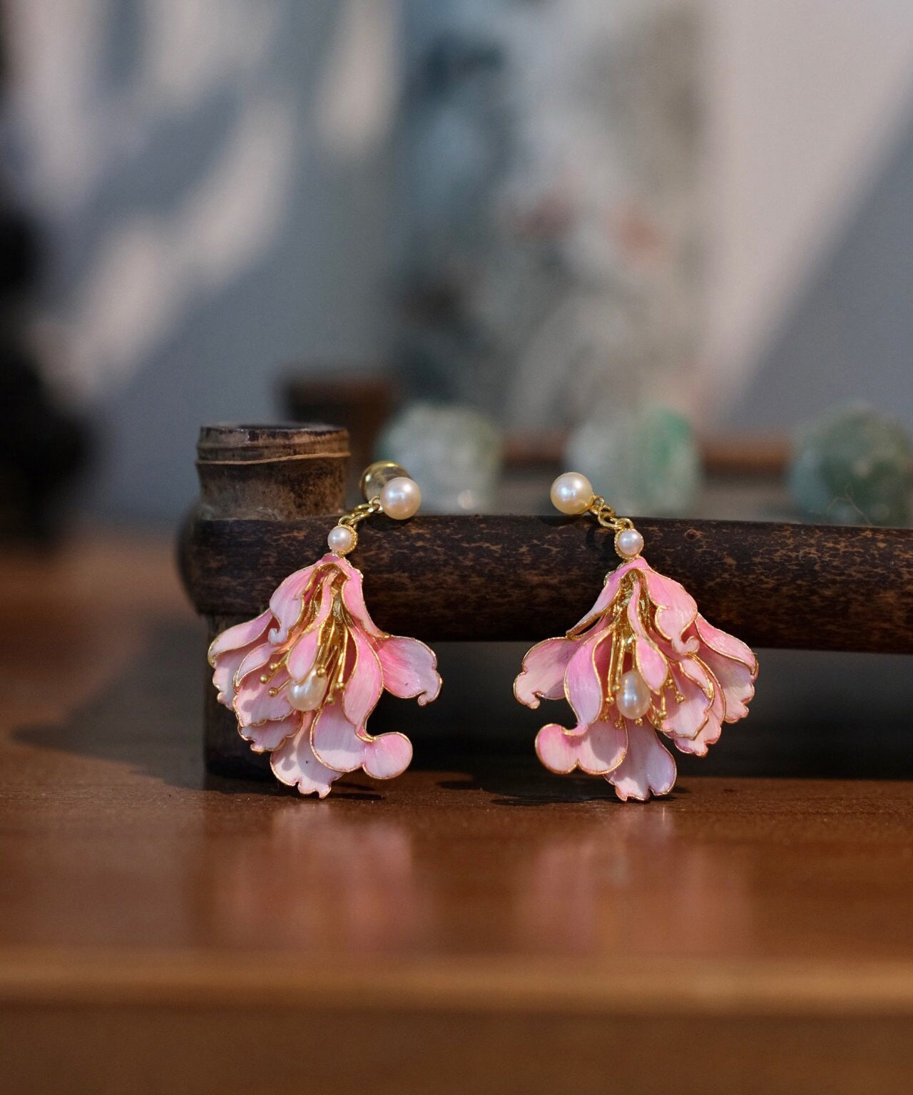 Cute Pink Alloy Pearl Enamel Jade Orchid Drop Earrings WQ007 JEW-EAR241102