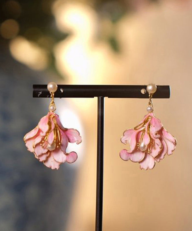 Cute Pink Alloy Pearl Enamel Jade Orchid Drop Earrings WQ007 JEW-EAR241102