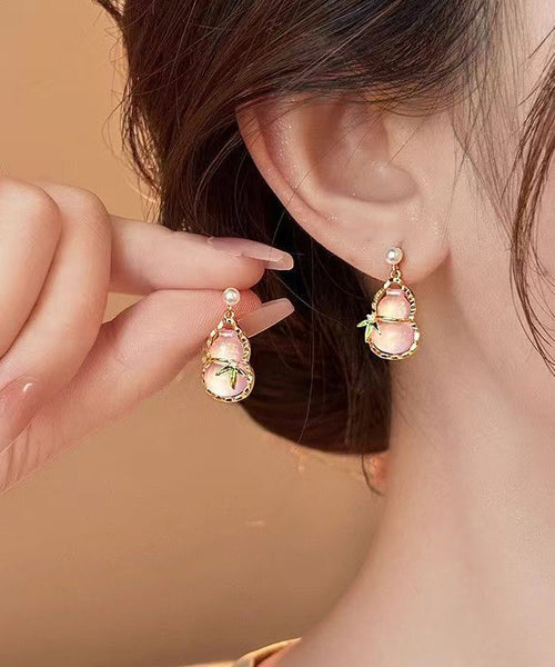 Alloy Pink Hollow Resin Out Earrings Drop Calabash Cute Zircon FashionChic