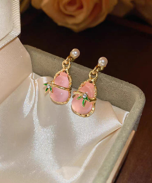 Alloy Pink Hollow Resin Out Earrings Drop Calabash Cute Zircon FashionChic