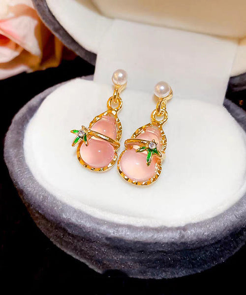 Alloy Pink Hollow Resin Out Earrings Drop Calabash Cute Zircon FashionChic