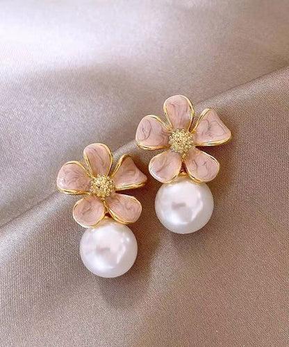 Cute Pink Copper Alloy Floral Pearl Stud Earrings WH037 JEW-EAR241116