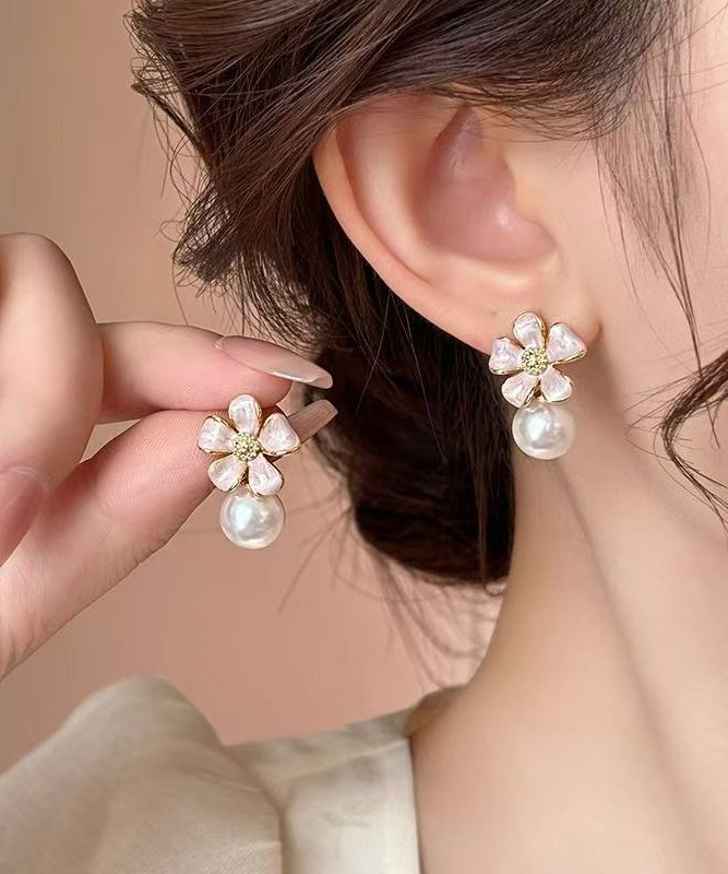 Cute Pink Copper Alloy Floral Pearl Stud Earrings WH037 JEW-EAR241116