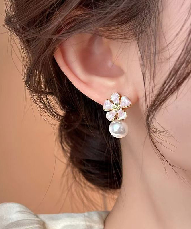 Cute Pink Copper Alloy Floral Pearl Stud Earrings WH037 JEW-EAR241116