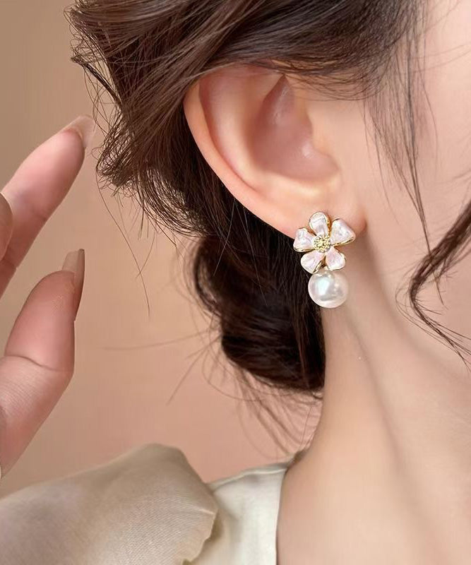 Cute Pink Copper Alloy Floral Pearl Stud Earrings WH037 JEW-EAR241116