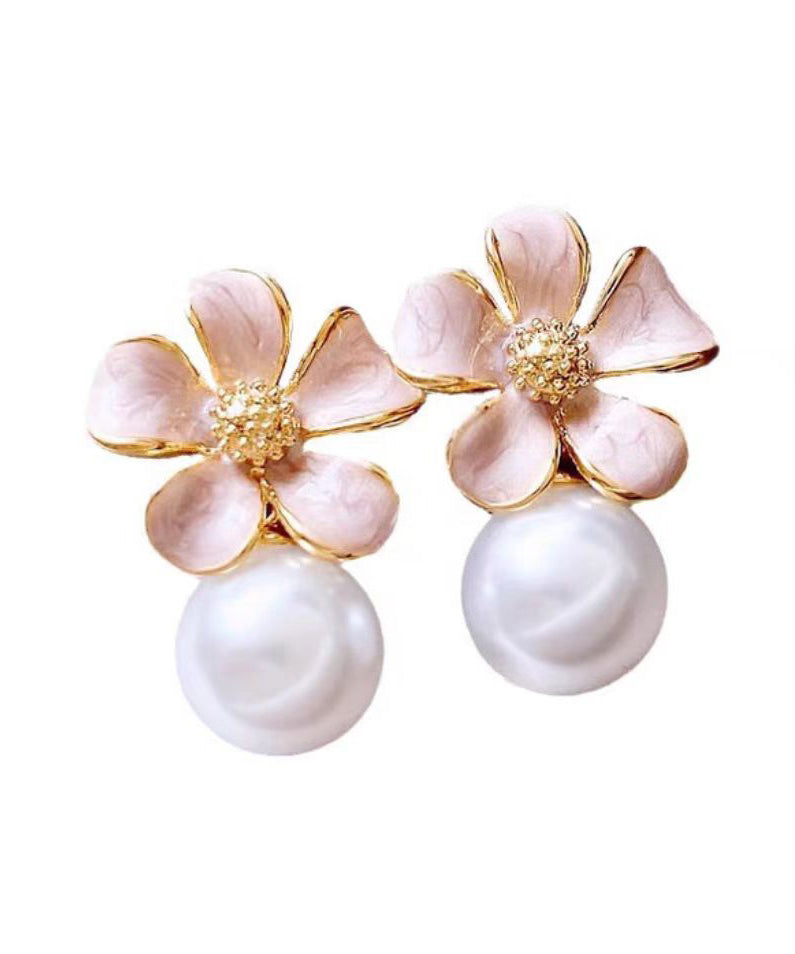 Cute Pink Copper Alloy Floral Pearl Stud Earrings WH037 JEW-EAR241116