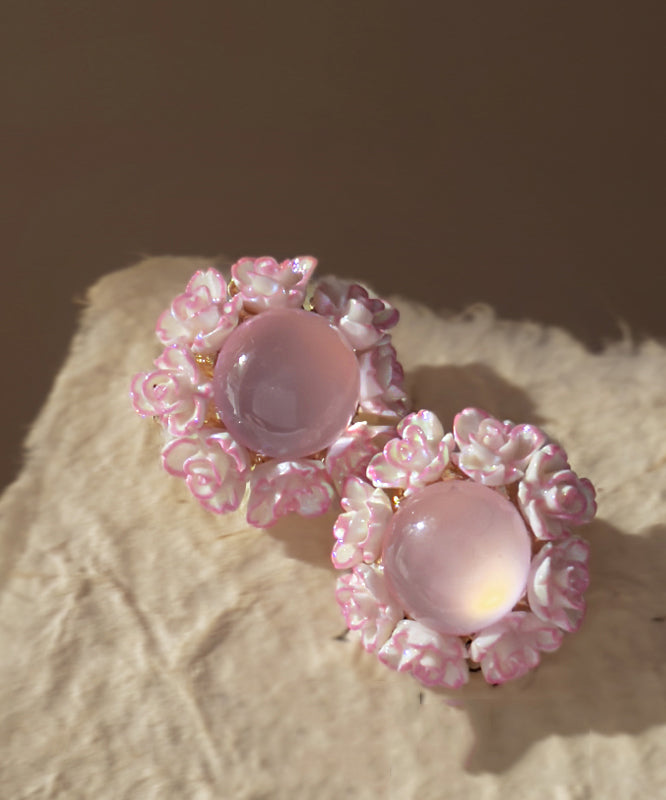 Cute Pink Copper Alloy Resin Floral Cat Eye Stone Stud Earrings YA035 ABC
