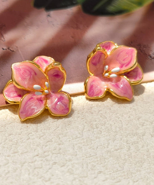 Drip Stud Cute Floral Glaze Earrings Copper Pink FashionChic