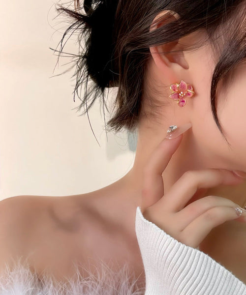 Drip Stud Cute Floral Glaze Earrings Copper Pink FashionChic