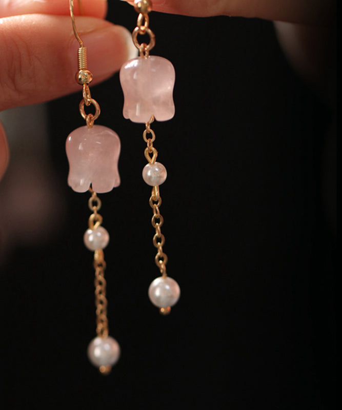 Cute Pink Copper Overgild Crystal Pearl Lily Of The Valley Tassel Drop Earrings QU034 JEW-EAR241007